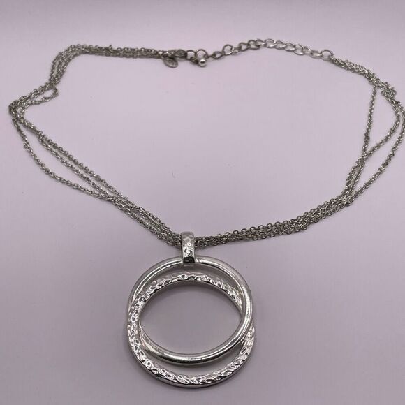 Vintage KR Silvertone Double Chain Circle Pendant  19” Chain Length - Picture 4 of 9